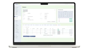 Screenshot der Patientenakte in Optica Viva mit Stammdaten, Kontaktinformationen, miniaturisiertem Terminkalender und tabellarischer Rezeptübersicht inklusive Diagnose, Heilmittel und Abrechnungsstatus.
