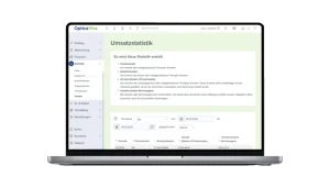 Screenshot von Optica Viva zeigt die Umsatzstatistik mit Filteroptionen nach Therapeut und Zeitraum sowie einer tabellarischen Auflistung von Terminanzahl, Arbeitsstunden und Umsatz nach Kassen- und Privatrezepten.