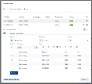 Screenshot des Serientermin-Dialogs in Optica Viva mit bestehenden Terminen, Einstellungen für Datum, Startzeit, Dauer, Frequenz und Wochentag sowie einer Vorschauliste der geplanten Folgetermine.
