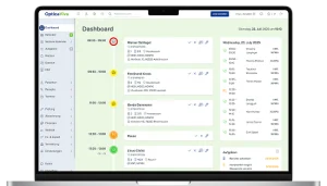 Screenshot des Optica Viva Dashboards in der Laptop-Ansicht mit Tagesansicht der Termine inklusive Patientenname, Uhrzeit und Aufgabenliste auf der rechten Seite.